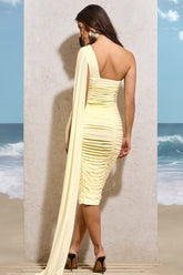Lemon Ruched One Shoulder Midi Dress With Sash